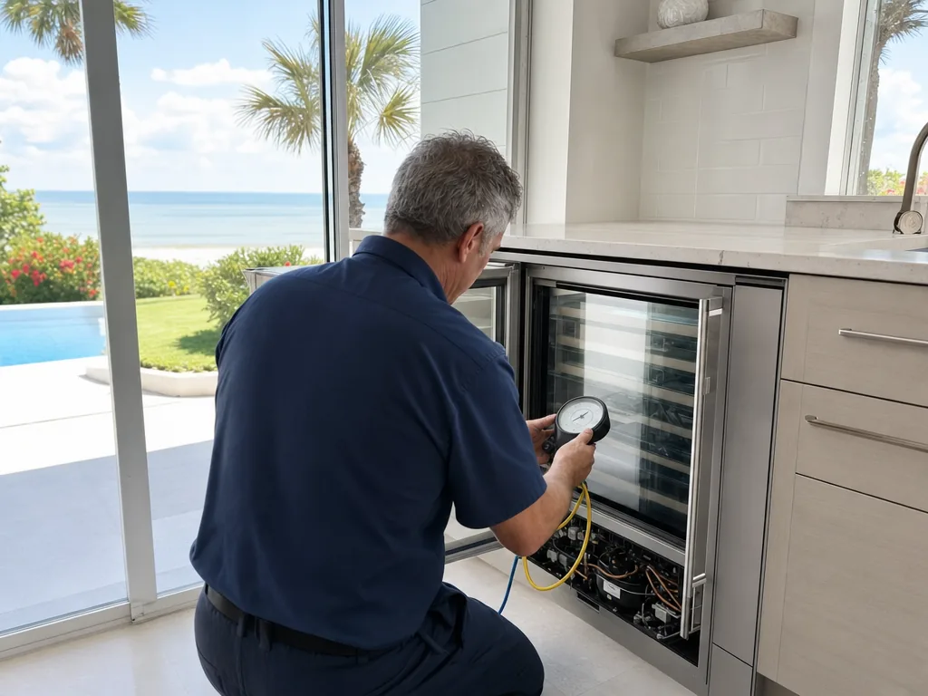 Technician repairing a built-in beverage center in a Sarasota kitchen