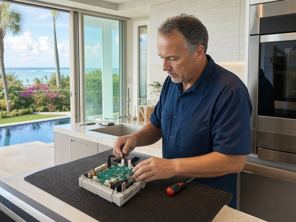 Control board inspection during an appliance repair visit in Sarasota, Florida
