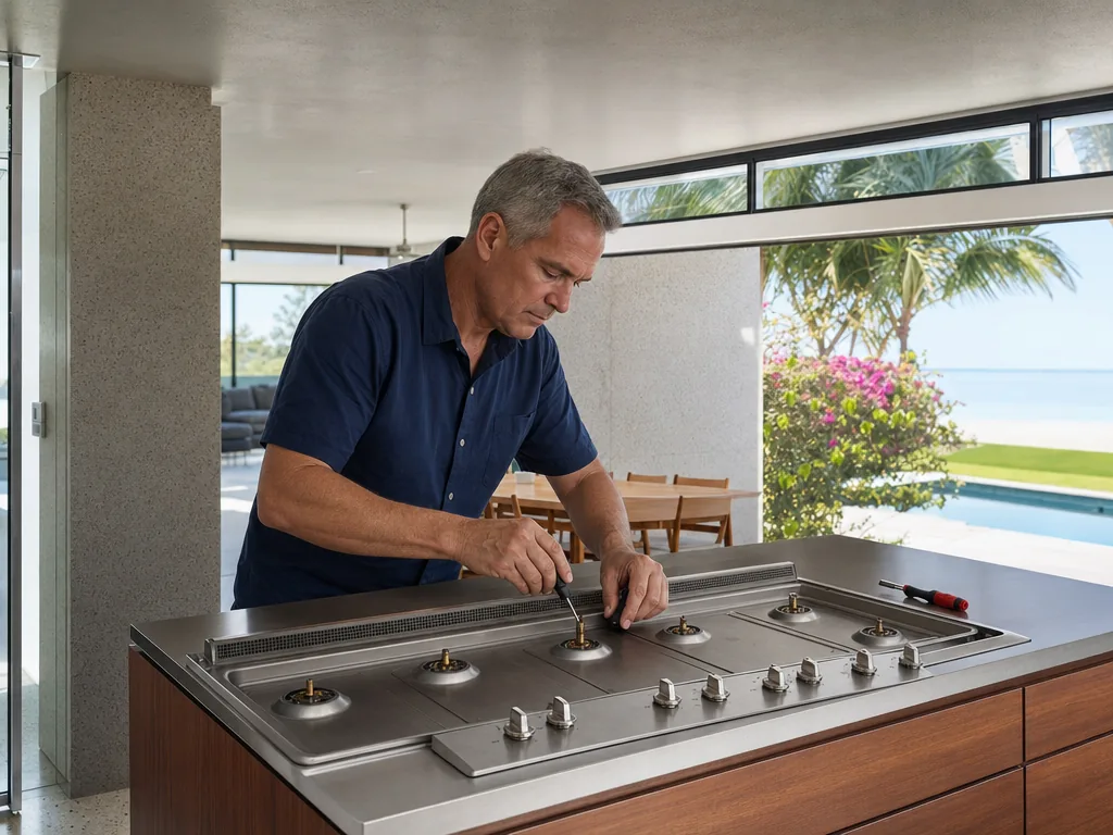 Technician repairing a built-in cooktop in a Sarasota kitchen