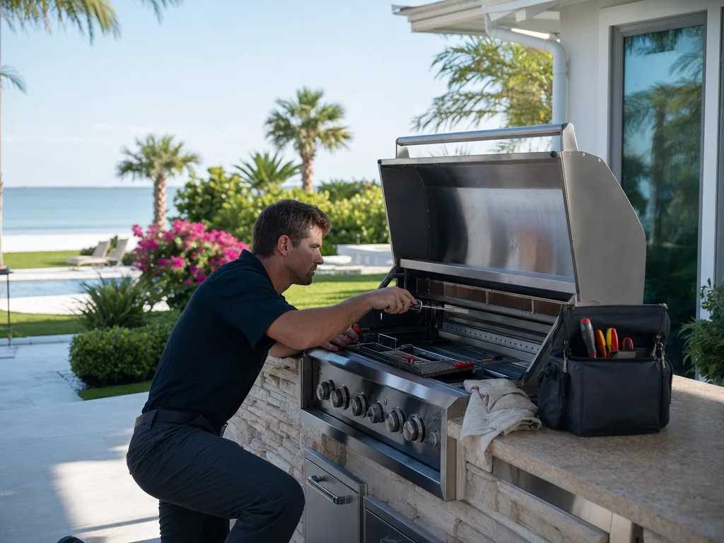 Technician servicing a DCS built-in appliance in a Sarasota home