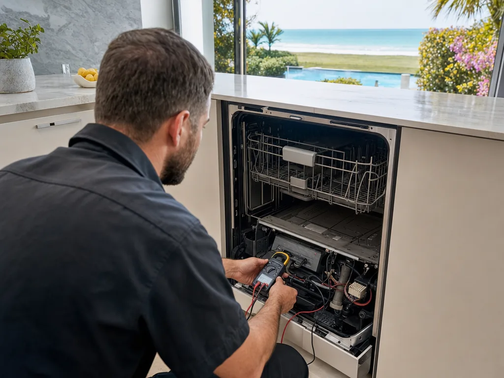 Technician repairing a built-in dishwasher in a Sarasota kitchen