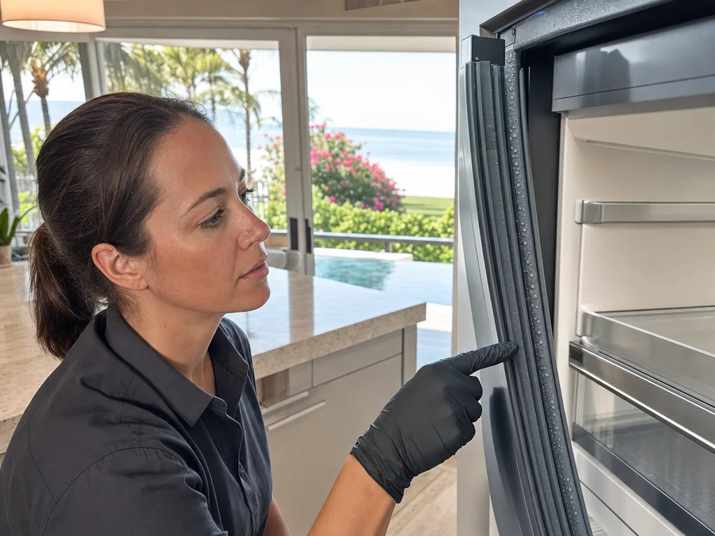 Condensation at a door seal during an appliance repair visit in Sarasota, Florida