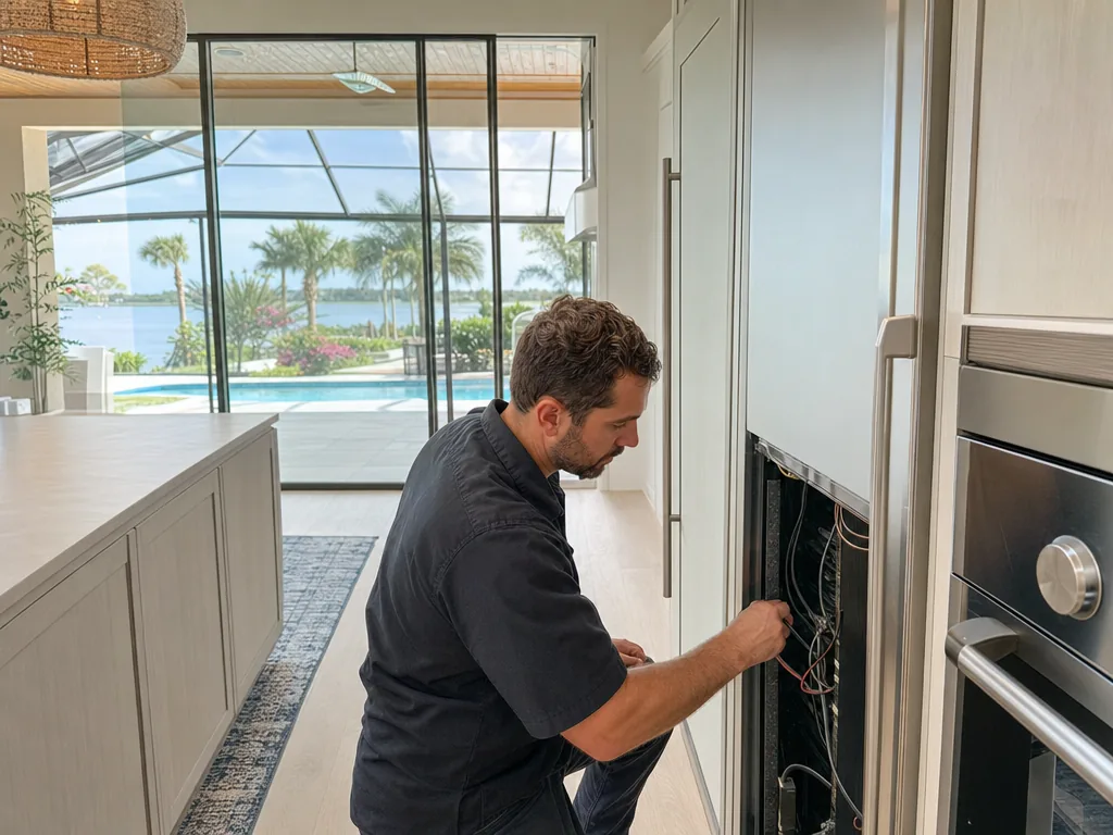 Technician servicing a GE Monogram built-in appliance in a Sarasota home