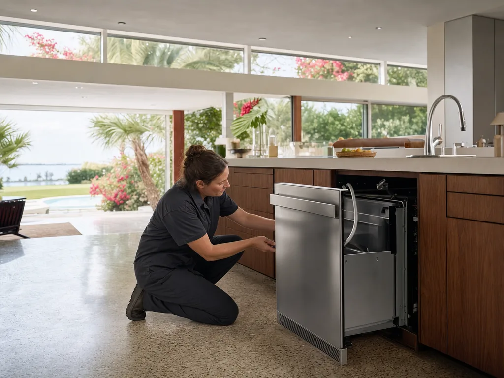 Technician repairing a built-in ice maker in a Sarasota kitchen
