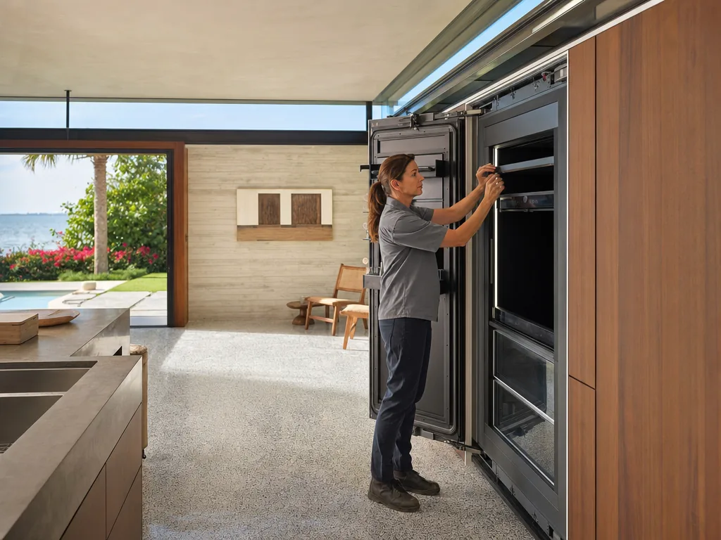 Technician servicing a JennAir built-in appliance in a Sarasota home