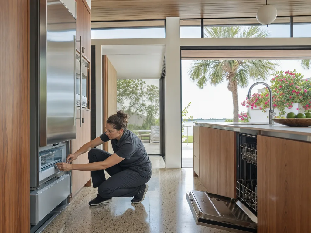 Technician servicing a KitchenAid built-in appliance in a Sarasota home