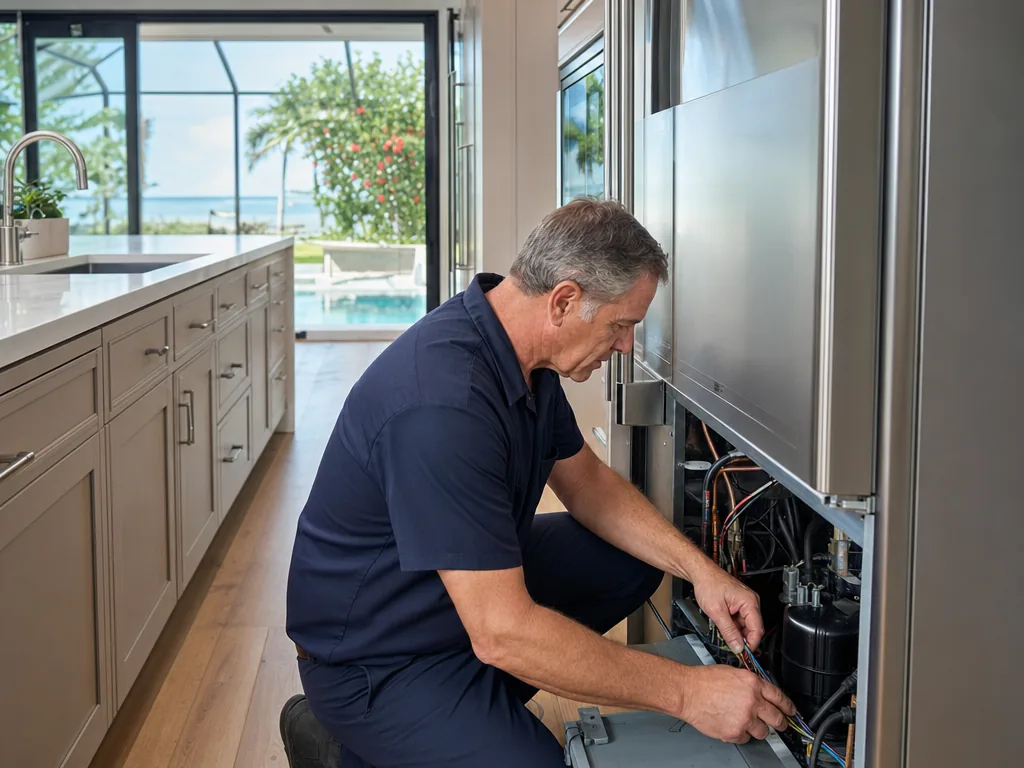 Technician servicing a LG built-in appliance in a Sarasota home