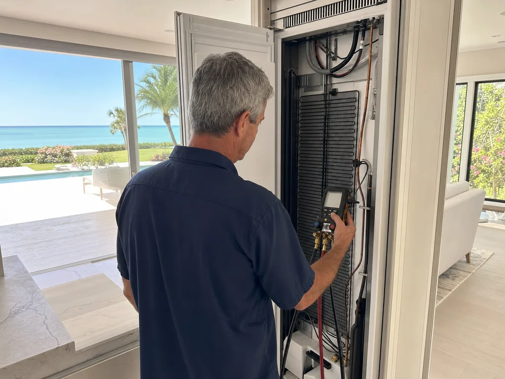 Technician servicing a Liebherr built-in appliance in a Sarasota home