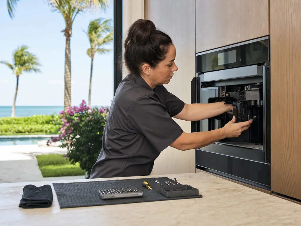 Built-in coffee system opened for repair in a Sarasota kitchen
