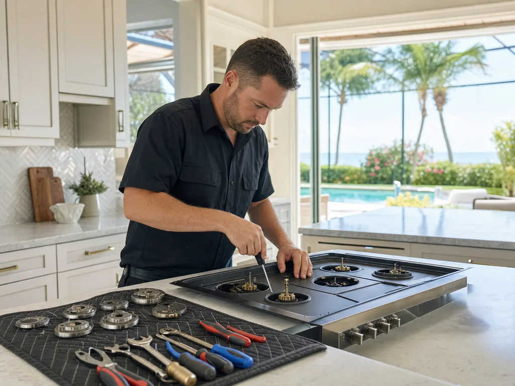 Built-in cooktop opened for repair in a Sarasota kitchen