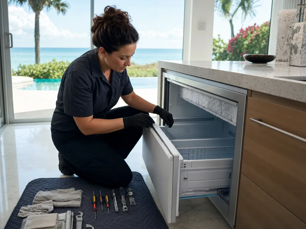 Built-in freezer opened for repair in a Sarasota kitchen