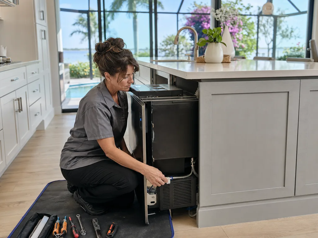 Built-in ice maker opened for repair in a Sarasota kitchen