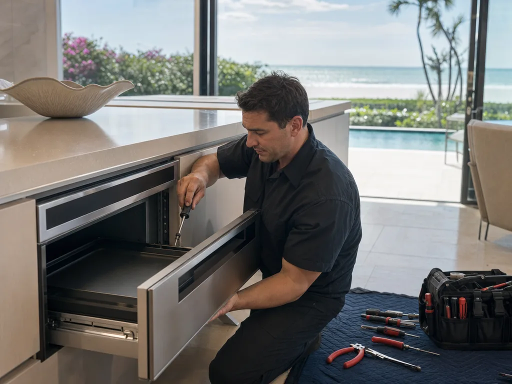 Built-in microwave opened for repair in a Sarasota kitchen