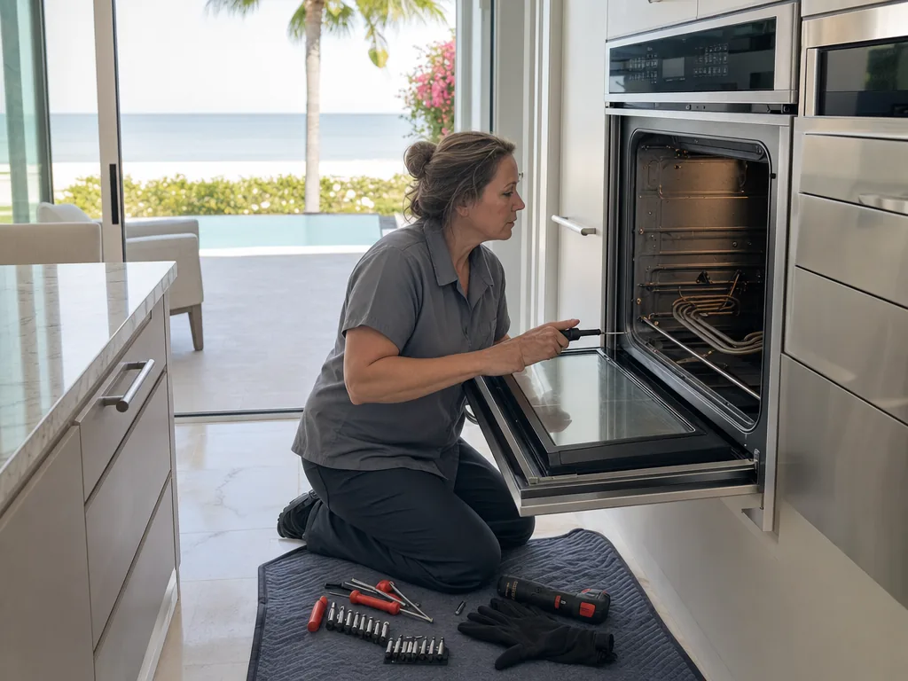 Built-in oven opened for repair in a Sarasota kitchen