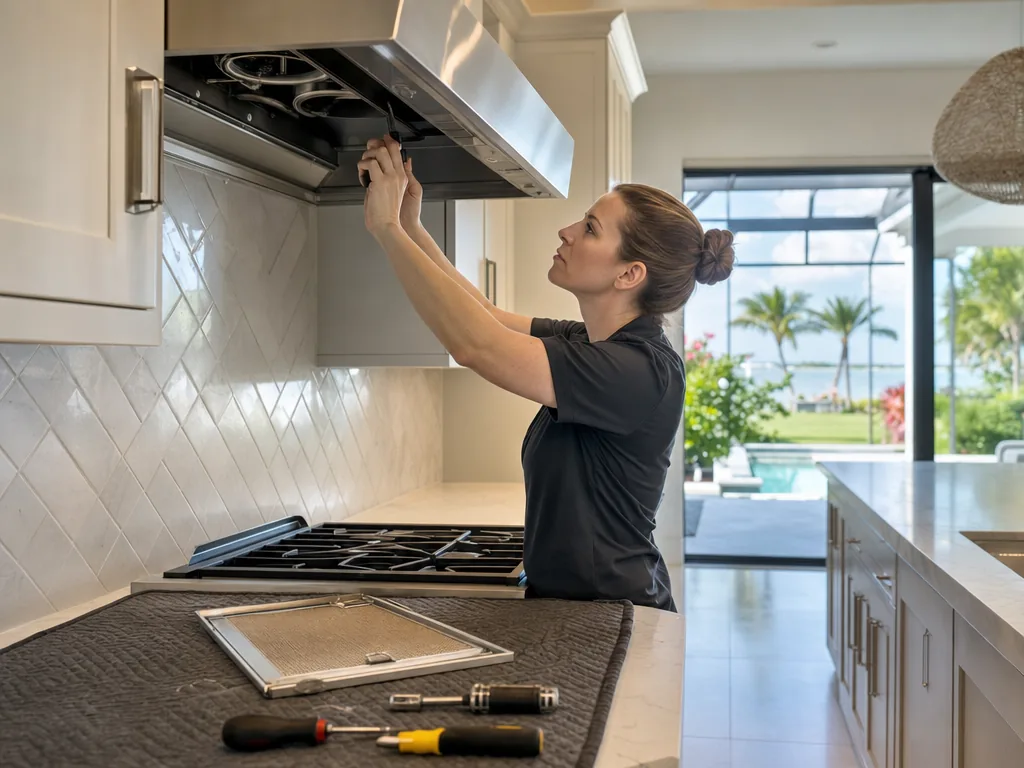 Built-in range hood opened for repair in a Sarasota kitchen