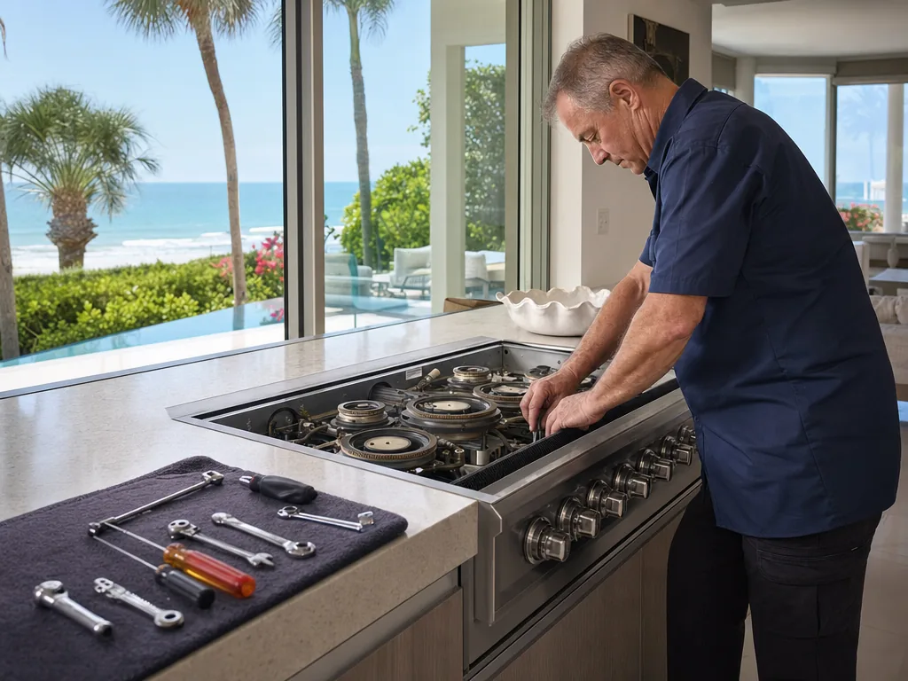 Built-in range opened for repair in a Sarasota kitchen