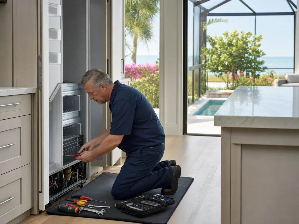 Built-in refrigerator opened for repair in a Sarasota kitchen