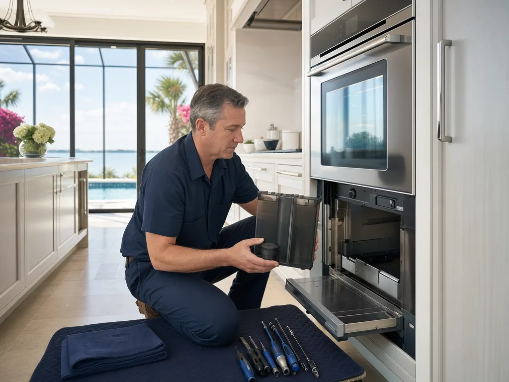 Built-in steam oven opened for repair in a Sarasota kitchen