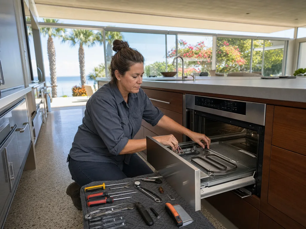 Built-in warming drawer opened for repair in a Sarasota kitchen