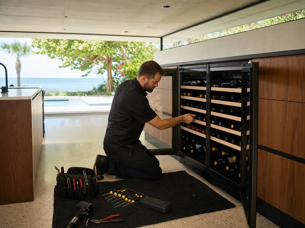 Built-in wine cooler opened for repair in a Sarasota kitchen