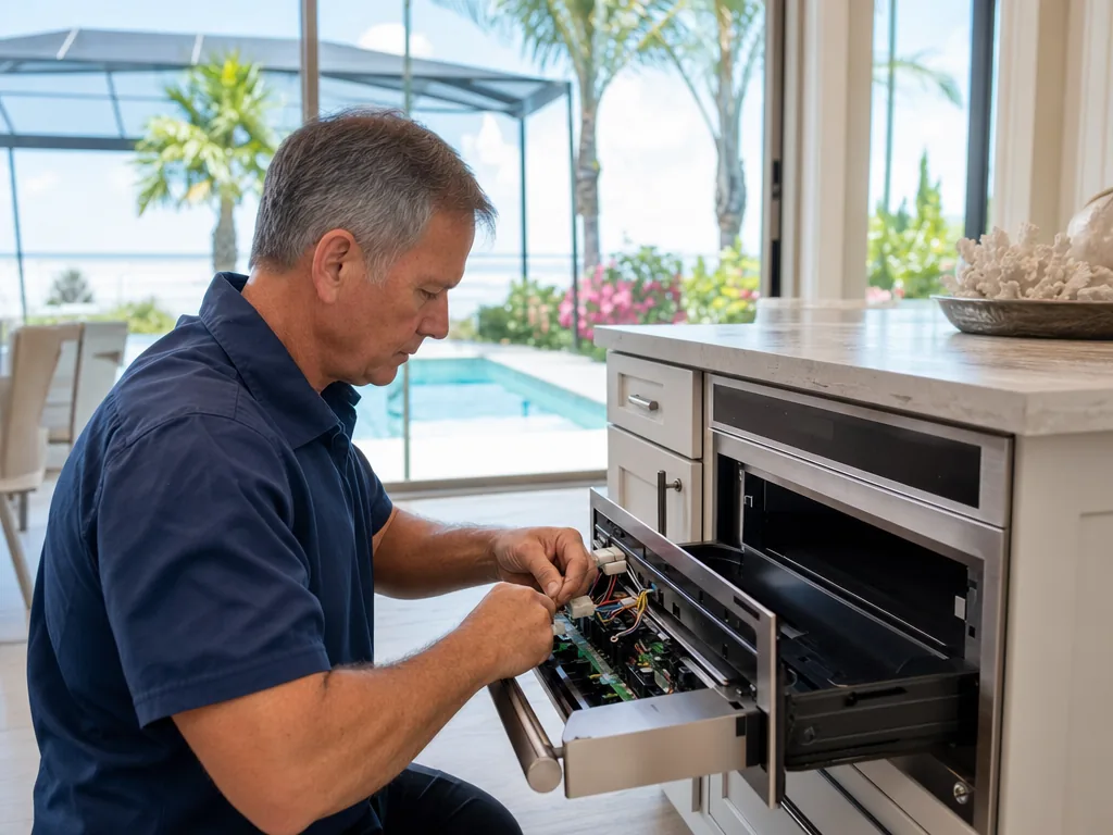 Technician repairing a built-in microwave in a Sarasota kitchen