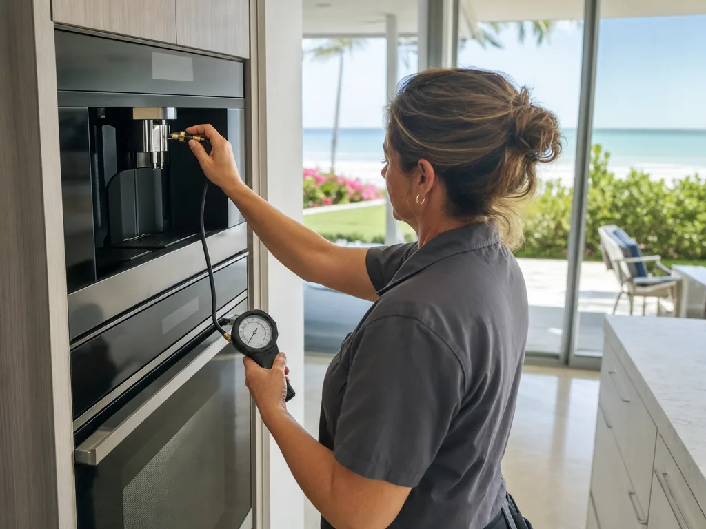 Technician servicing a Miele built-in appliance in a Sarasota home