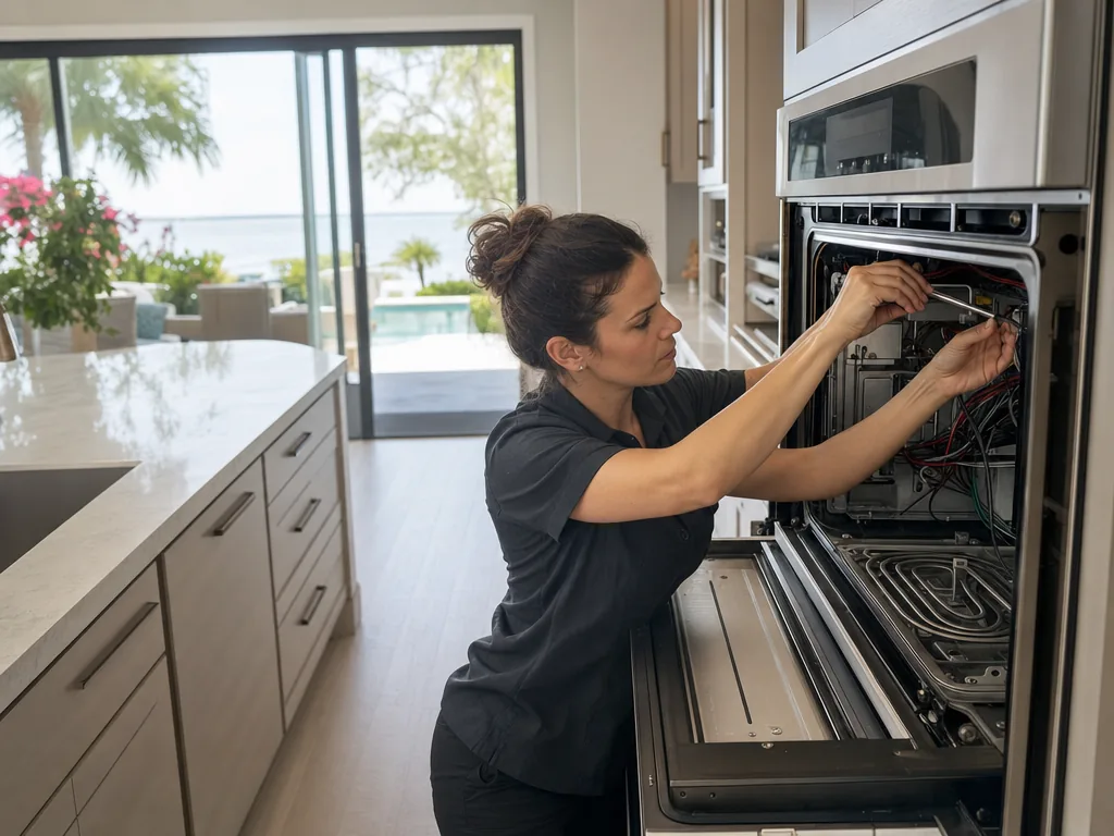 Technician repairing a built-in oven in a Sarasota kitchen