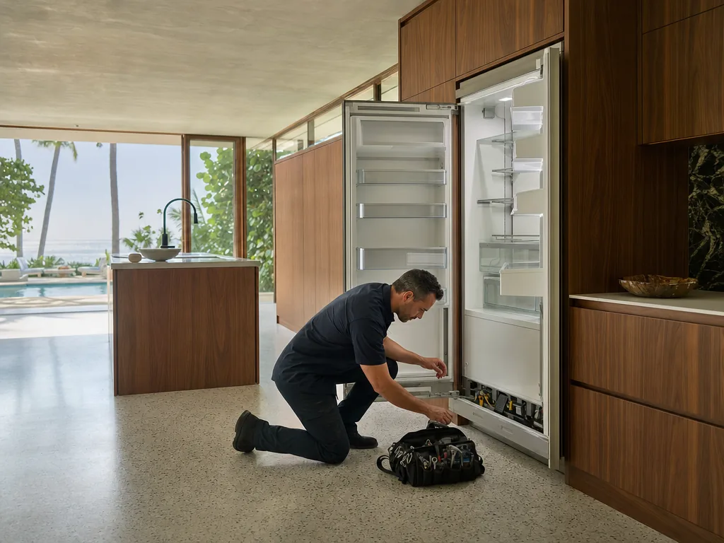 Technician repairing a built-in refrigerator in a Sarasota kitchen
