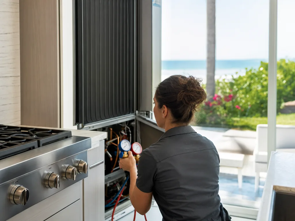 Technician servicing a Samsung built-in appliance in a Sarasota home