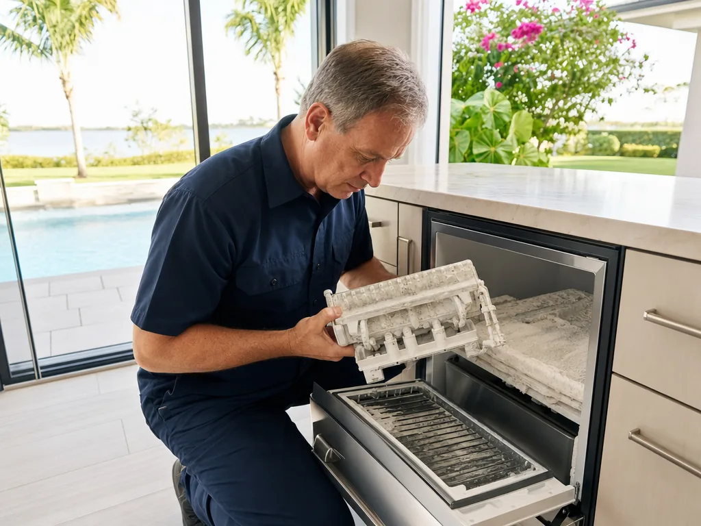 Scale in an ice maker during an appliance repair visit in Sarasota, Florida