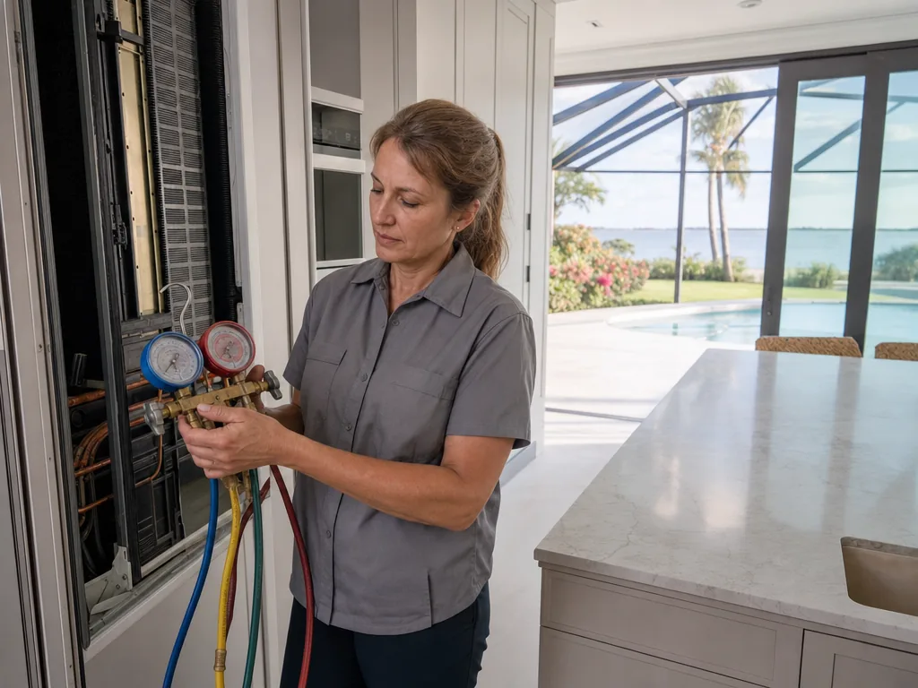 Sealed-system pressure testing during an appliance repair visit in Sarasota, Florida