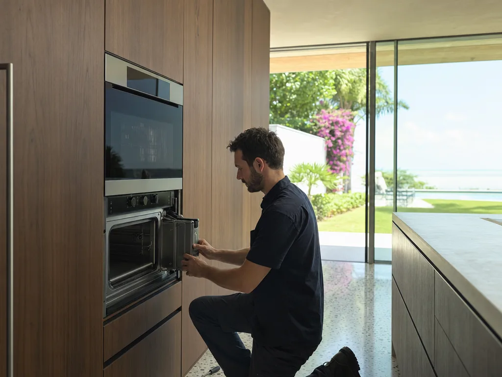 Technician repairing a built-in steam oven in a Sarasota kitchen