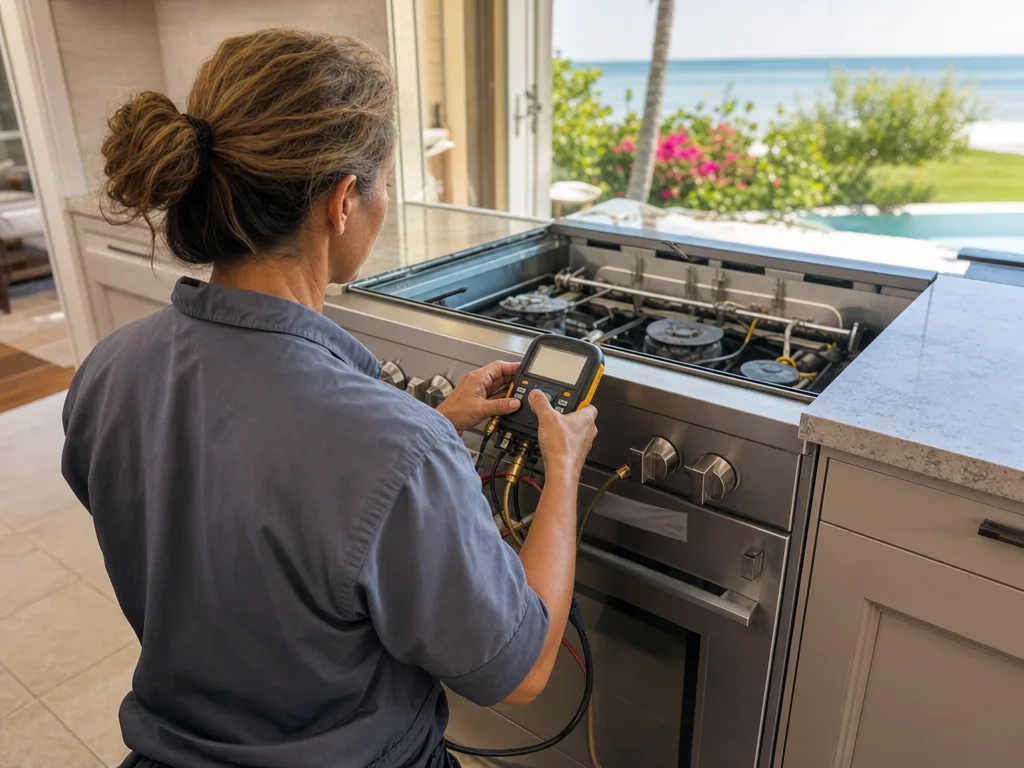 Technician repairing a built-in stove in a Sarasota kitchen