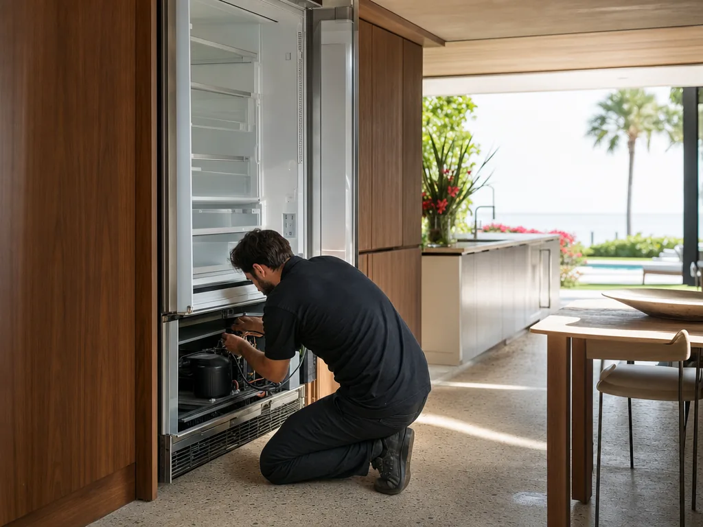 Technician servicing a built-in Sub-Zero refrigerator in a Sarasota kitchen