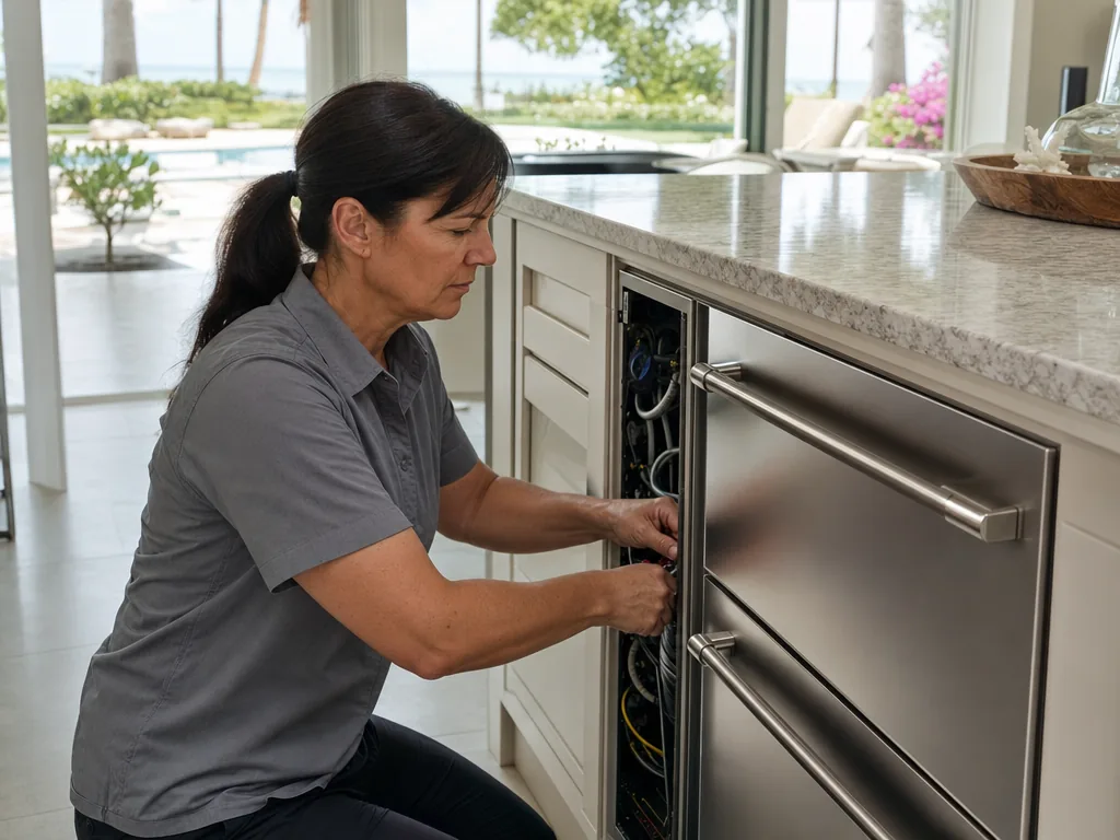 Technician servicing a U-Line built-in appliance in a Sarasota home