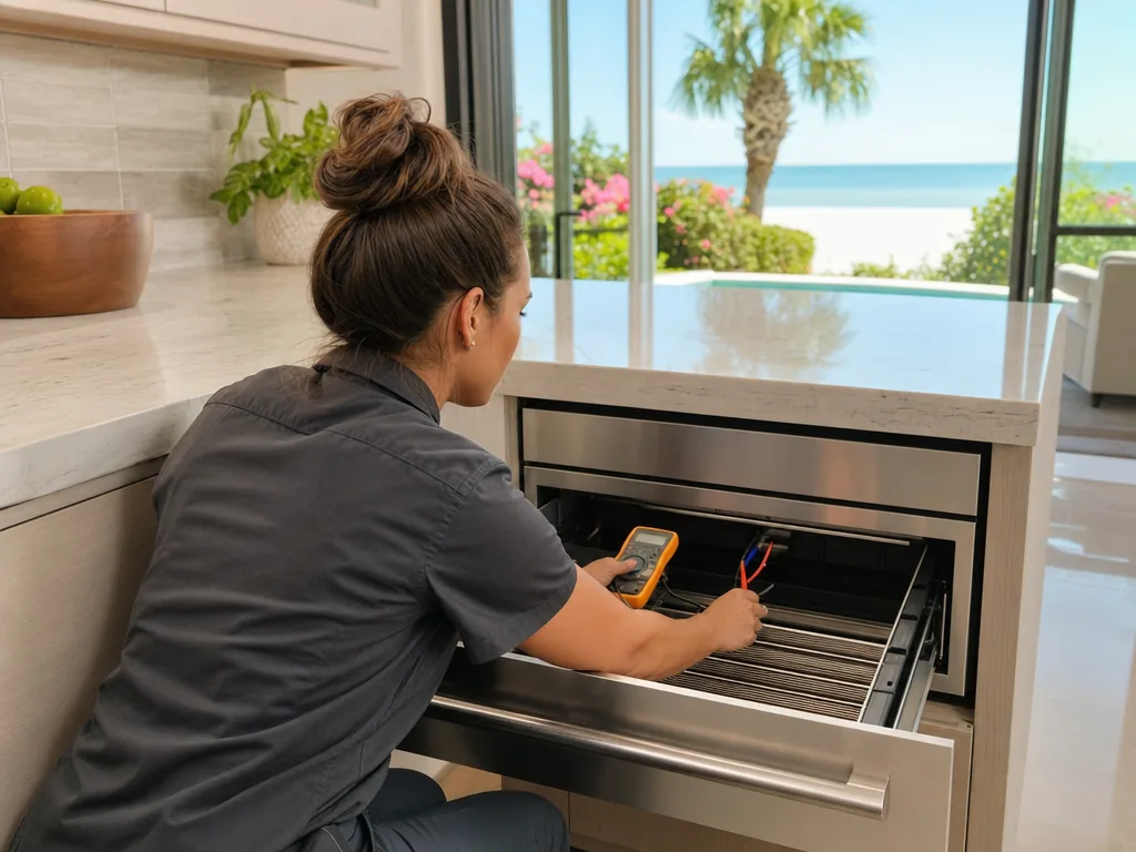 Technician repairing a built-in warming drawer in a Sarasota kitchen