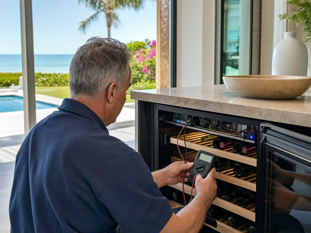 Technician repairing a built-in wine cooler in a Sarasota kitchen