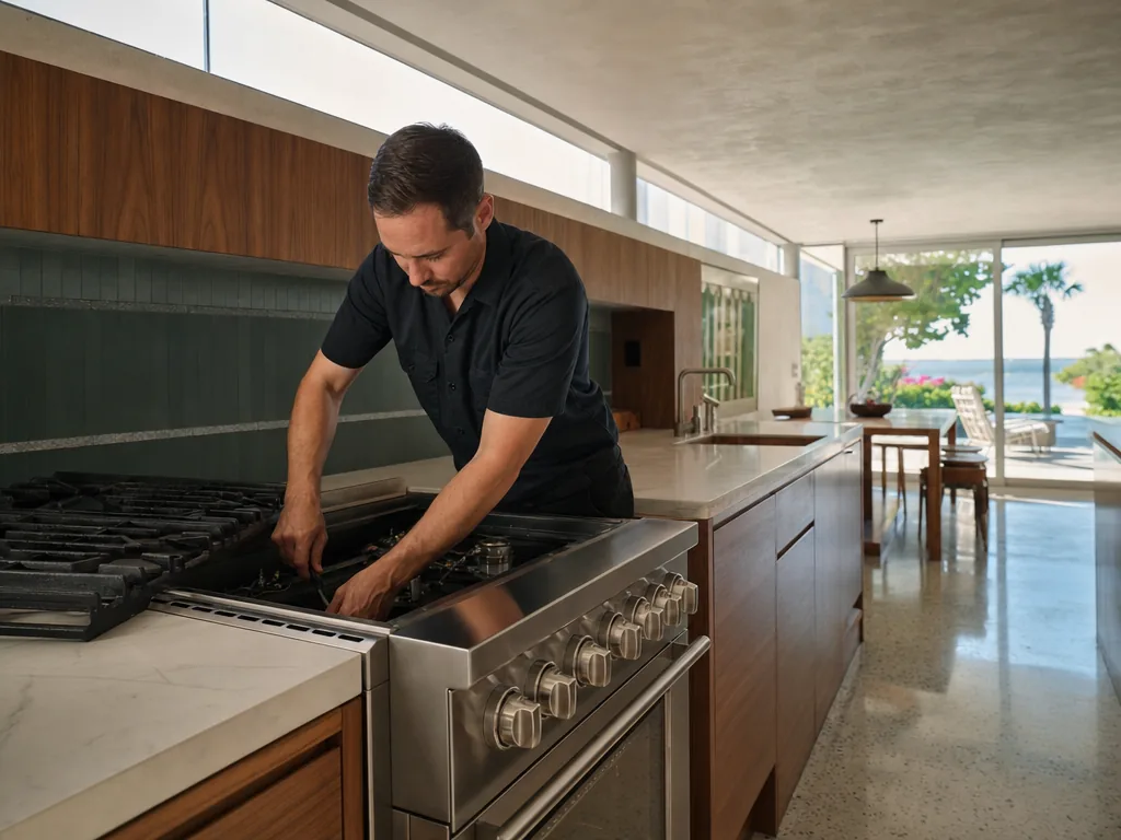 Technician servicing a Wolf built-in appliance in a Sarasota home